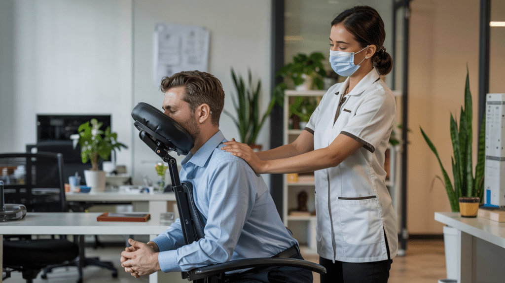 Employee receiving onsite chair massage at a modern East Midlands office for workplace wellbeing