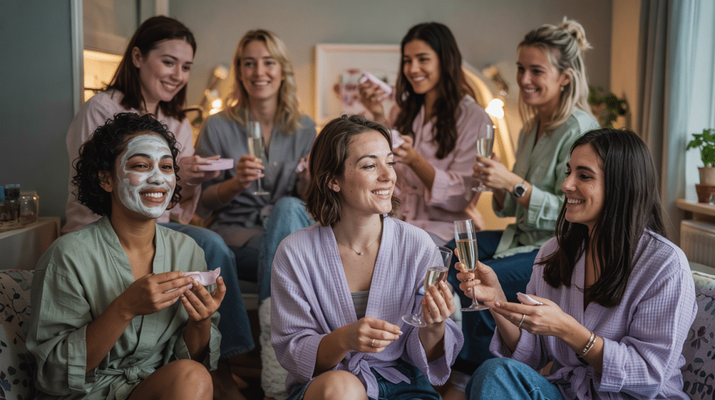 Group of women having a pamper party with facials and prosecco in a cosy East Midlands home