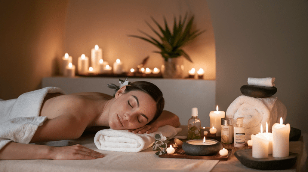 Woman enjoying mobile massage and beauty treatment at home in the East Midlands